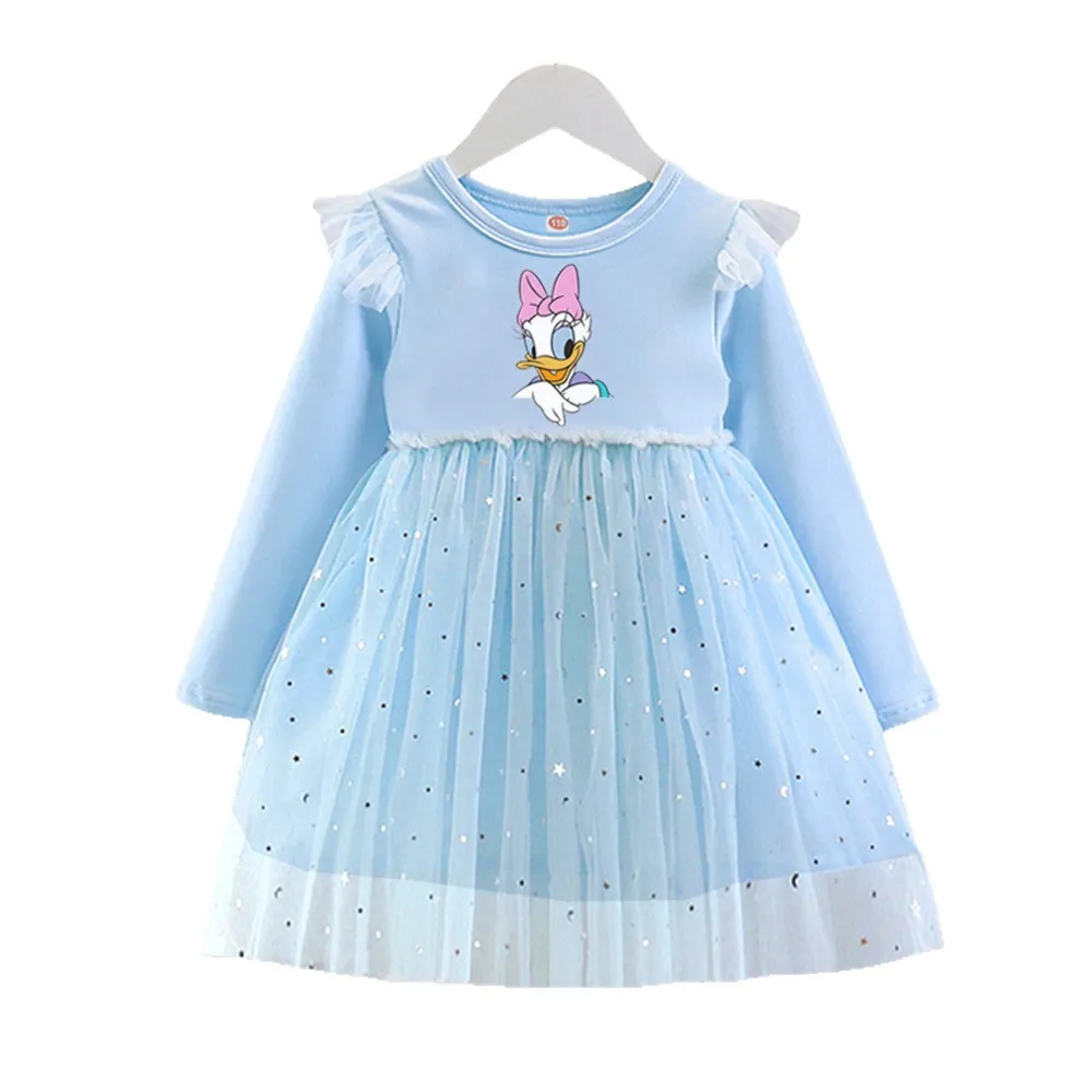 여자 스팽글 드레스 디즈니 새 어린이 옷 가을 긴 소매 어린이 미니 공주 드레스 아기 소녀 생일 파티 2-8Y