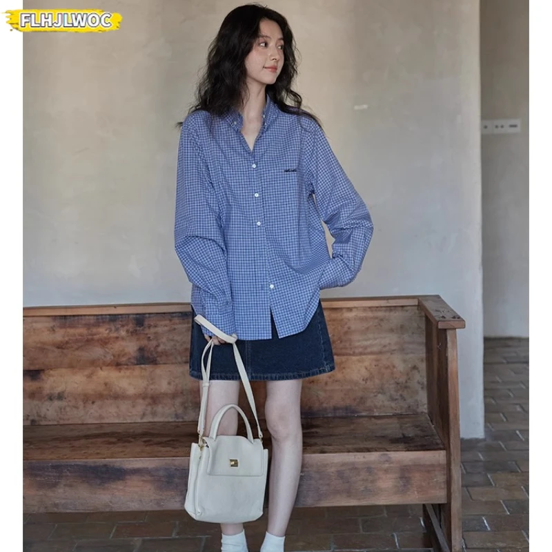 Hot Sales Cotton Blends Tops Blouses New 2025 Spring New Year Girls Preppy Style Loose Boyfriend Design Button Blue Plaid Shirts