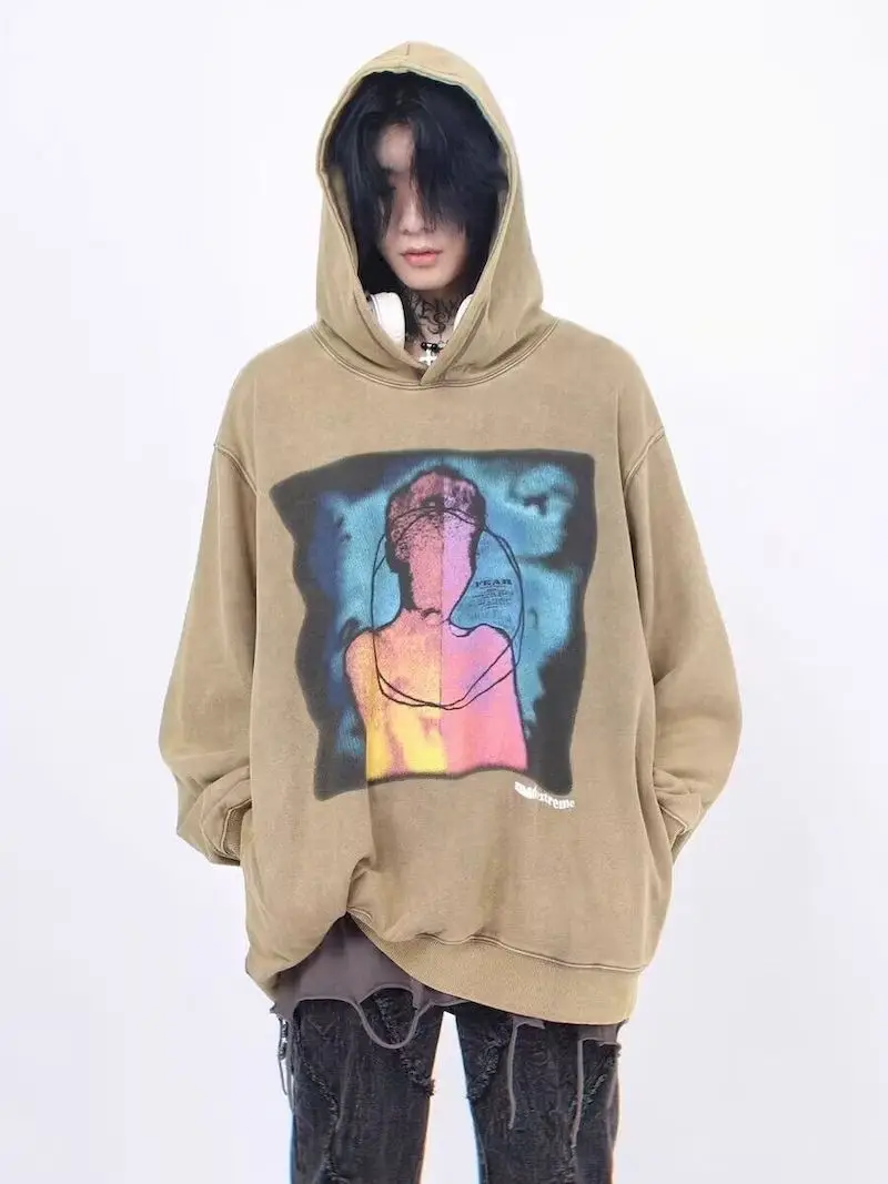 Vintage Hoodies for Women Abstract Characters Printed Washed Hooded Sweatshirt Ins Harajuku Hoodie Autumn Winter Loose Niche Top