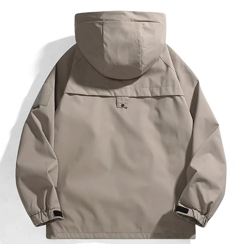 Unisex Hooded Windbreaker Jacket Zipper Cargo Coat Waterproof Black Bomber Camping Hiking Loose Fit Softshell Outerwear