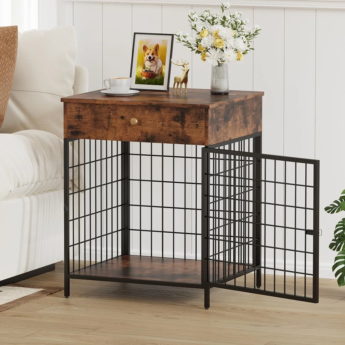 

Dog Crate Dog Kennel with Drawer Pet Cage Nightstand Pet Crate End Table for Small Dog