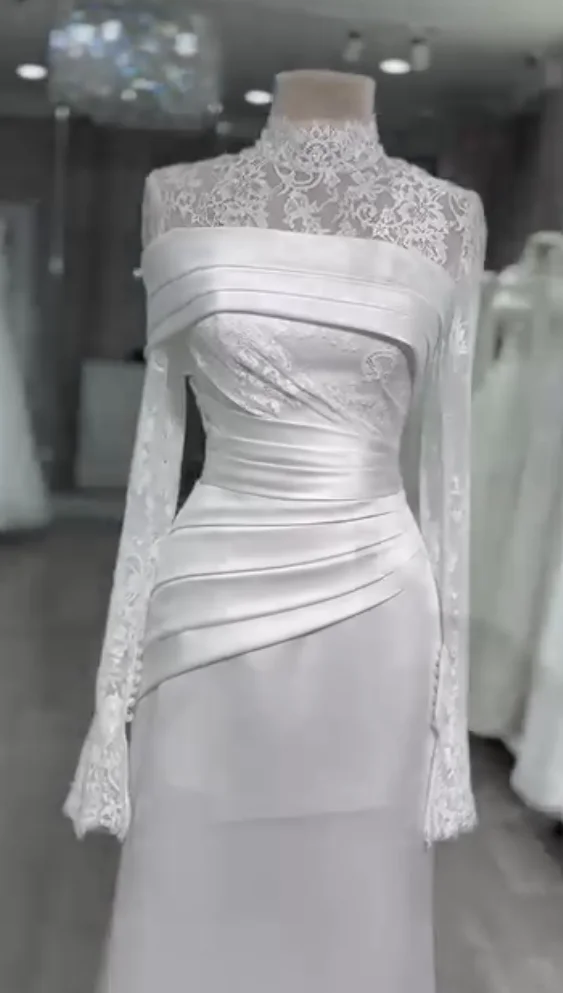 QICHE Satin Muslim Wedding Dresses High Neck Lace Full Sleeves Bride Gowns Dubai Modest White Long Bridal Dress Customized image 2
