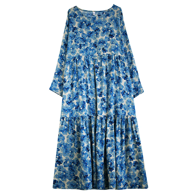 Slimming Blue Floral Cotton Linen Long Sve round Ne Loose Cake Skirt a Line Dr for plus Size Women Autumn Thin Dr