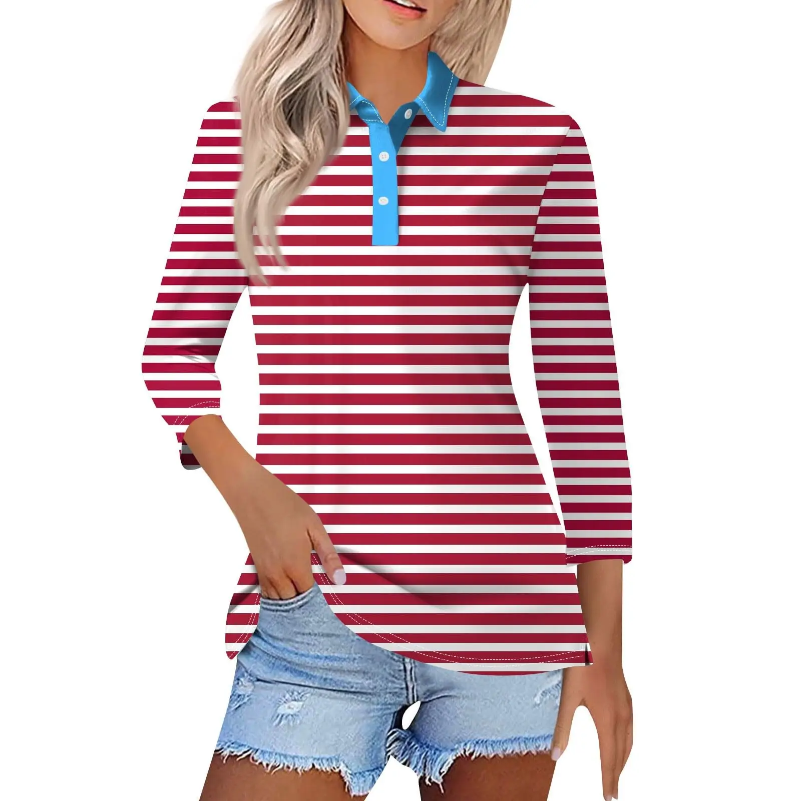 2024 Fashion Long Sleeves Stripe Print Polo Shirt Woman Autumn Lapel Buttons Casual T-shirt Top Women 3/4 Sleeve Pullover Female