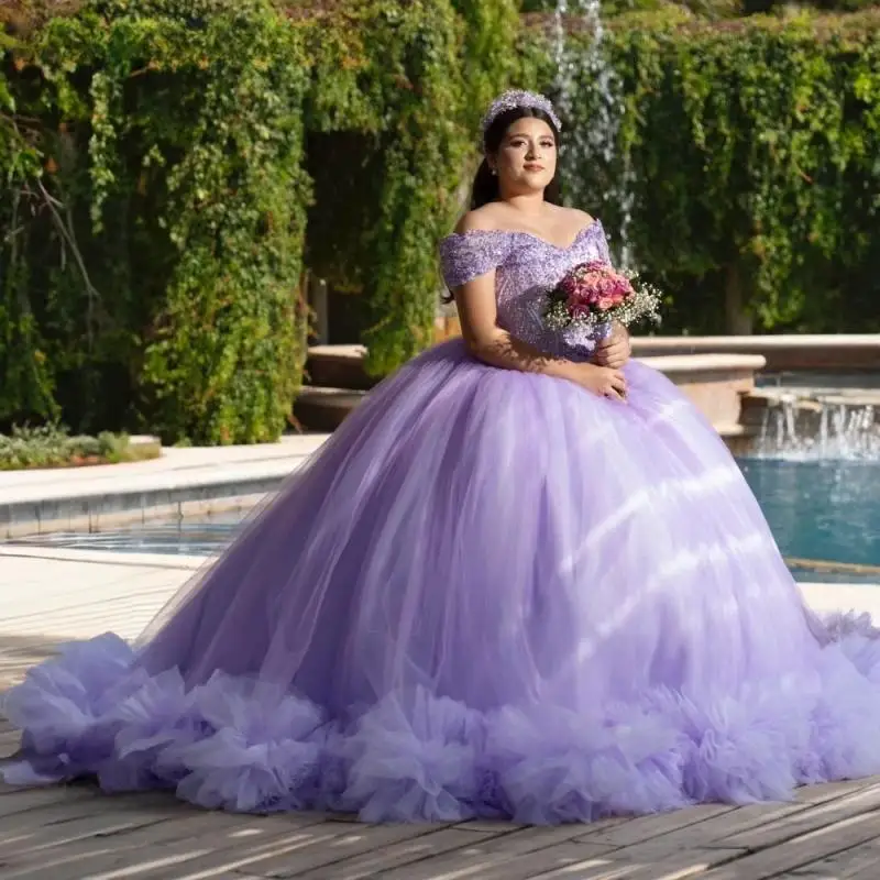 

Customized Sparkly Lilac Quinceanera Dress Ball Gown Tull Applique Crystal Beading Ruffles Sweet 16 Vestido De 15 Anos