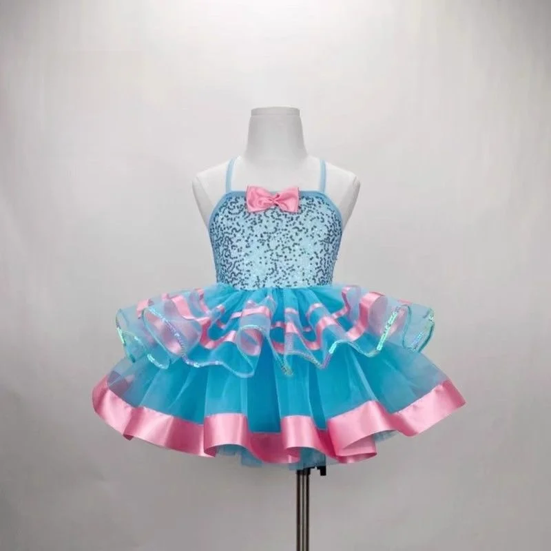 

Синий танцевальный костюм с пайетками для девочек, джазовый костюм для выступлений, детские балетные платья-туту, одежда для танцевальных выступлений