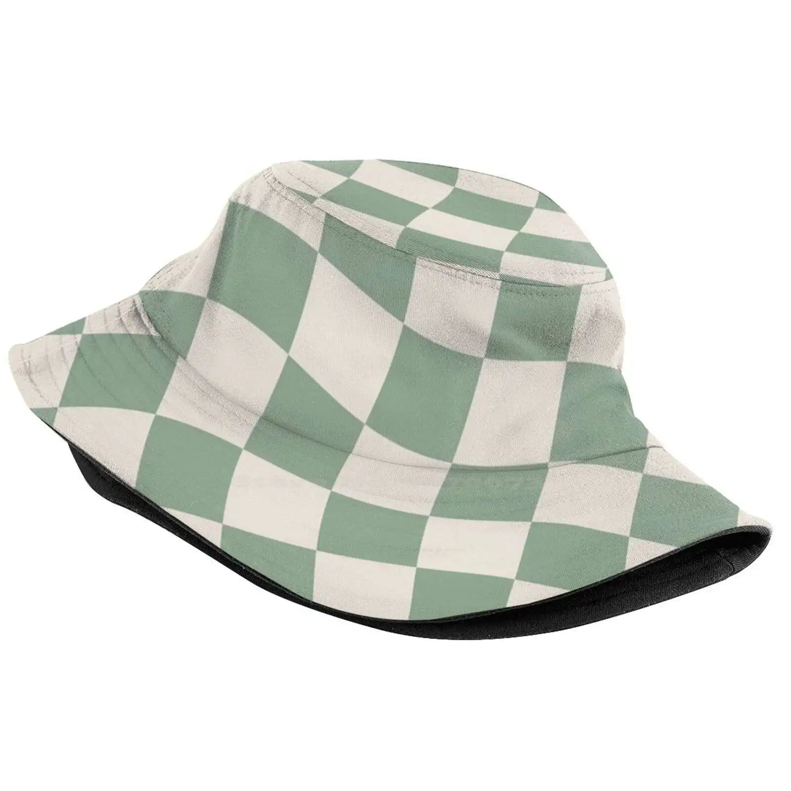 Sage Green Warped Checkered Pattern Checkerboard Sun Cap Fisherman Hat Bucket Hats Sage Green Retro Checkerboard Gingham