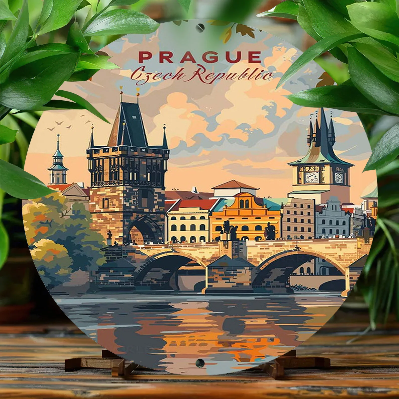 Prague Czech Republic Landmark Illustration - 1pc Round Aluminum Metal Sign - Vintage Art Decor for Home & Garden - Pre-Drilled,