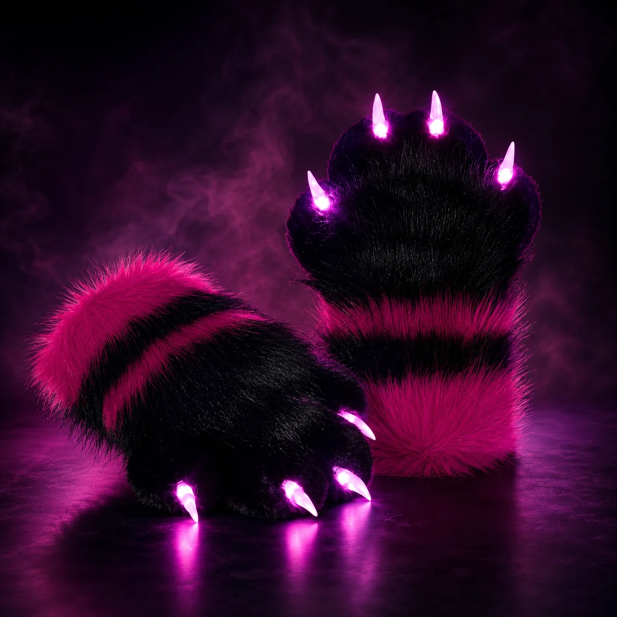 LED Light Up Paw Gloves, Furry Cat Claw Costume Gloves, Plush Faux Fur Paws for Adult Fursuit Cosplay Halloween, Black Pink