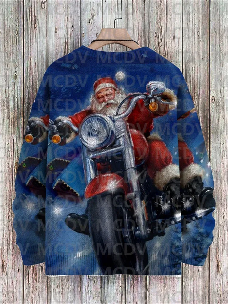 Christmas Santa Claus Riding A Motorcycle Print Knit Pullover Sweater Men's For Women's Pullover