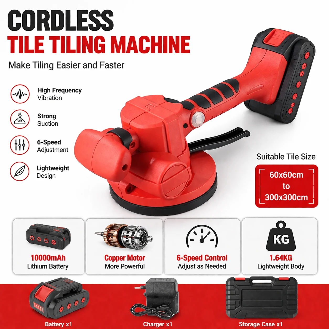 

Cordless Tile Tiling Machine 10000mAh Battery, 6-Speed Vibration, Strong Suction Cup Electric Leveling Tool for Wall Floor