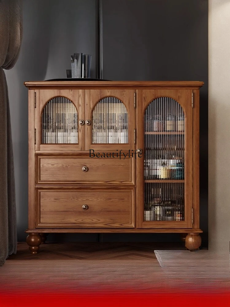 

American retro dining side cabinet integrated against the wall solid wood new Chinese locker