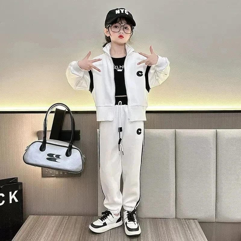 Fashion Tracksuit 2 Piece Set Girls Zipper Sweatshirts Jackets + Children Side Striped Jogger Pants Korean Kids Loose Conjuntos