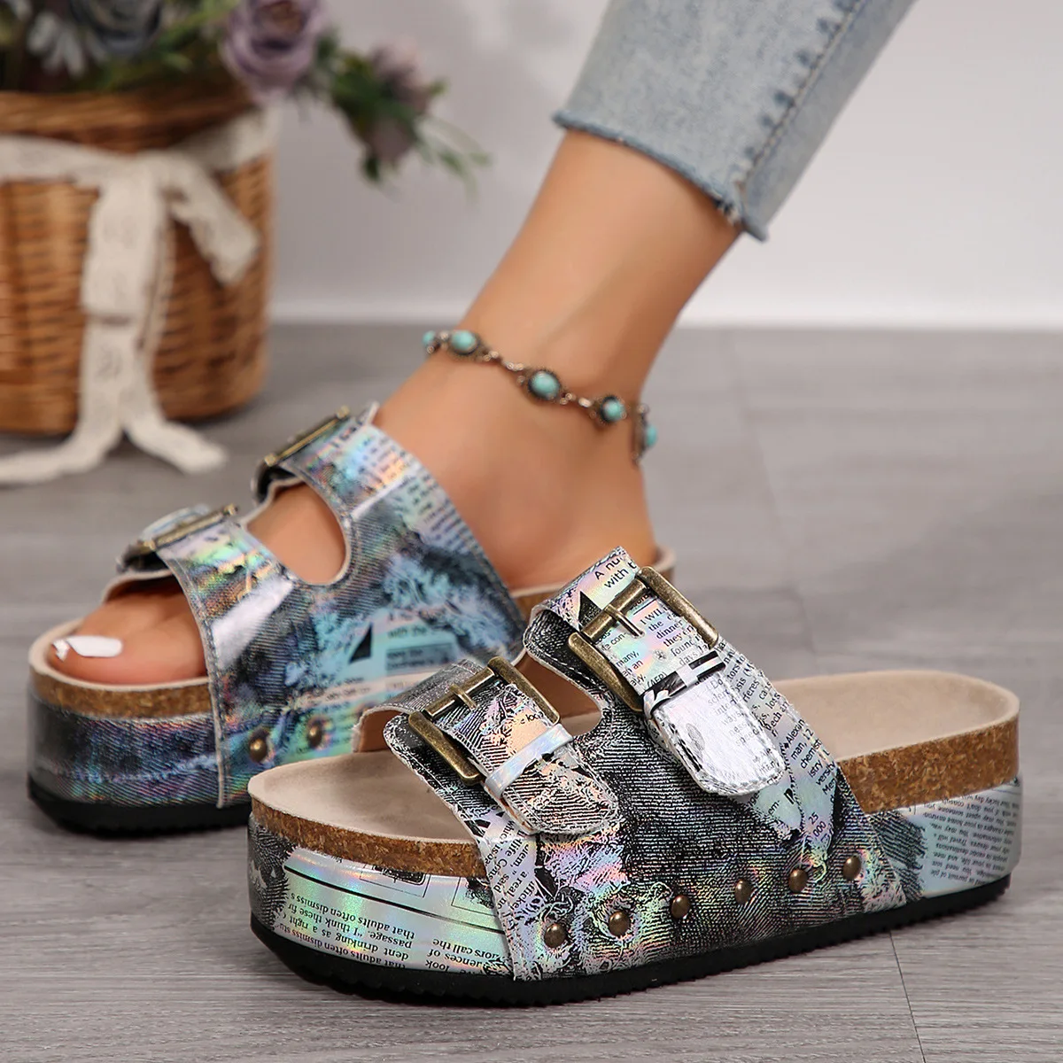 Women Vacation Sandals Retro Open Toe Thick Bottom Slippers Leopard Print Belt Buckle Non-slip Lightweight Large Size Shoes