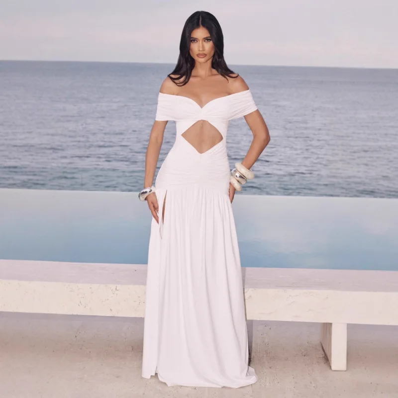 Fall 2025 Style New Tube Top off-Shoulder Sexy Pure Color Split Sleeveless Chest Bottom Hollow Sheath Dress for Women