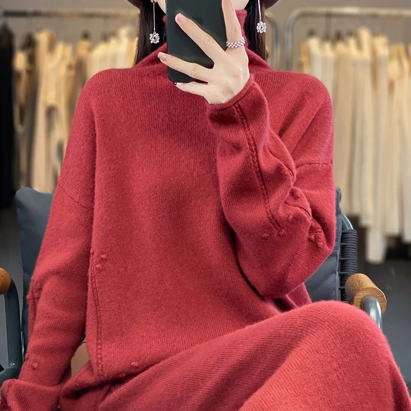 New Women\'s Dress Set 100% Wool Pullover Sweater Hollow out Long Dress High Neck Sweater Warm and Fashion Knitted Two Piece Set