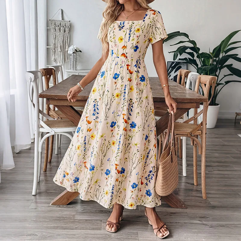 

Women's Dress Summer New Fashion Casual Countryside Style Flower Print Square Neck High Waist Design A-Line Short Sleeved Dress