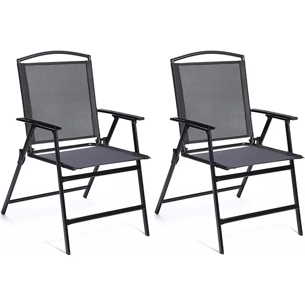 Black Portable Outdoor Patio Dining Sling Chairs Set of 2 with Armrests for Lawn, Garden, Balcony, Living Room Furniture