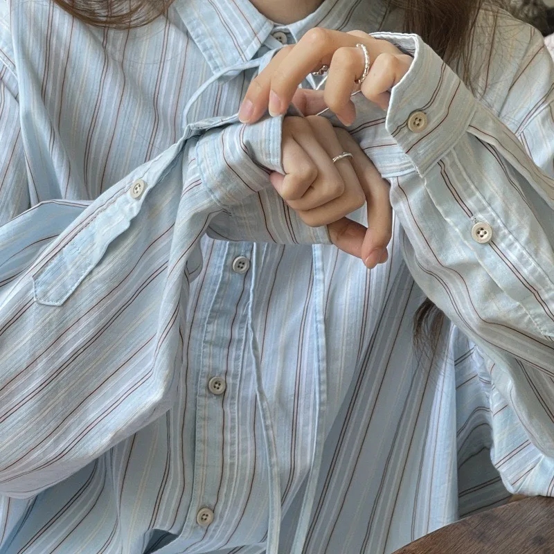 

2025 Japanese Blue Striped Shirt Women's Spring and Autumn Design Niche Shirt Korean Loose Top Jacket Female Clothing
