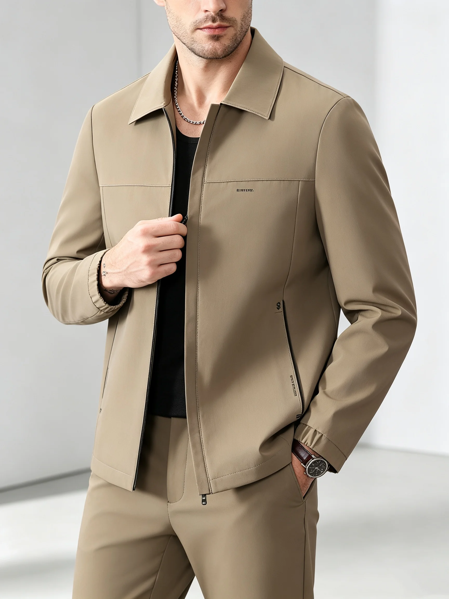 Men's Lapel Collar Zip Up Jacket Thin Lightweight Business Casual Coat Solid Khaki Outerwear For Spring Autumn