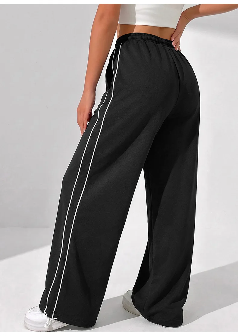 Damen-Sporthose mit weitem Bein, doppelseitigen Streifen und Kordelzug, lockere Hose für Fitness, Laufen, Freizeit, hohe Dehnbarkeit, sportliche Hose – Detail 7