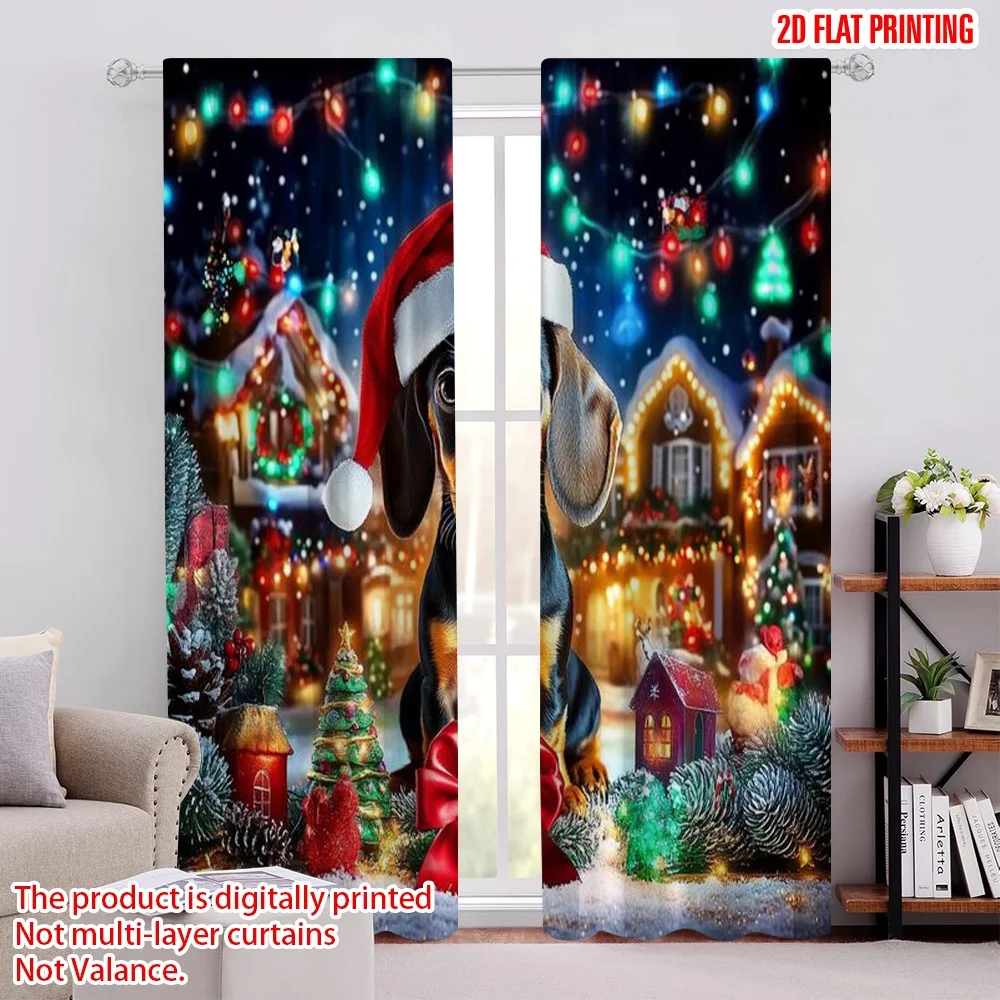 

2pcs 2D flat printing Merry Christmas Popular Curtains Cute Dachshund Christmas 100% Polyester Without Electricity Spring for
