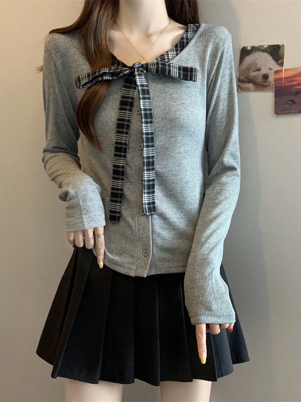 

plus Size ey Plaid Belted Fake Two-Piece Knitwear Women's Autumn Winter Slimming Design Long Sve Top for plus Size Women