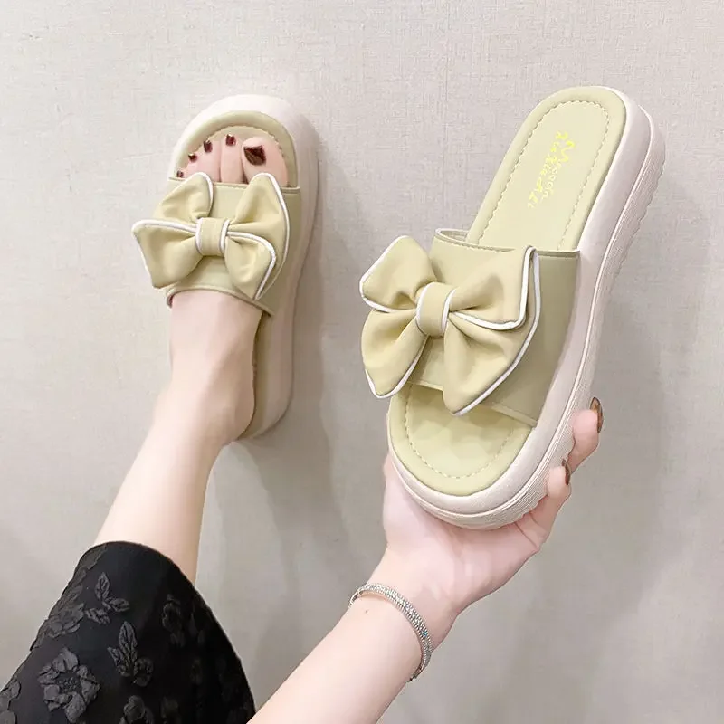 Sandals Height Open Toe with Bow on Word Woman Slippers House Shoes for Women Home Outside Thick Slides Indoor Off White Normal