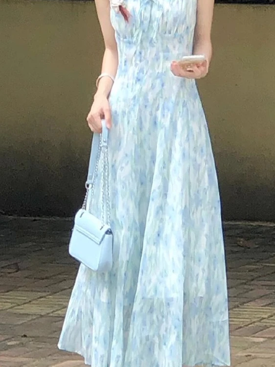 Sweet Blue Floral Print Strapl Dr Women's Summer New Sle Slimming Waist High Waist A-Line Long Dr Korean Sle