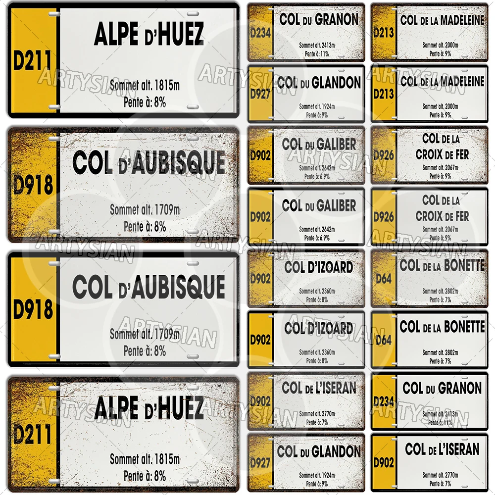 Tour de France Cycling Metal Sign Landmark Plaque ALPE d\'HUEZ Col D\'Aubisque Col du Granon GALIBIER d\'IZOARD l\'ISERAN BONETTE