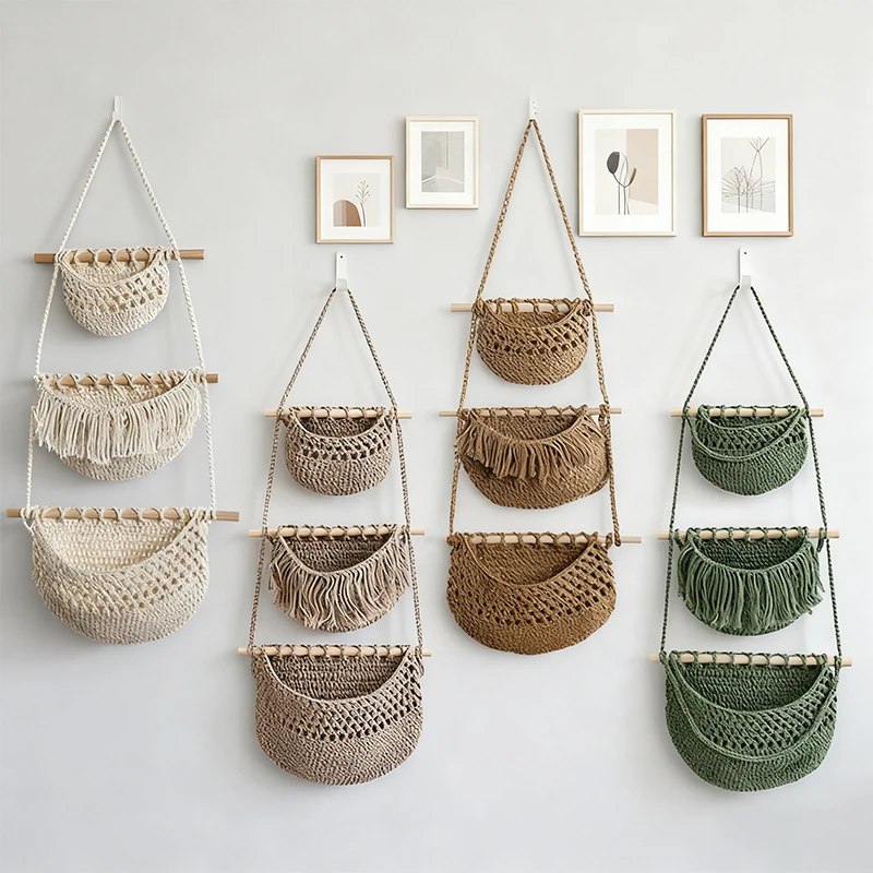Hand-Woven Cotton Rope 3-Tier Storage Rack, Wall-Drilled & Over-the-Door Hanging Basket, Rustic Style Miscellaneous Storage Bag