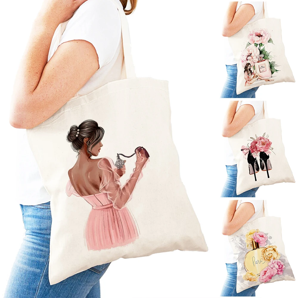 

Luxury Perfume Bottle Peony Flowe Girl Shoulder Tote Child Grocery Handbag Color Block Women Shopper Bag Lady Shopping Bags