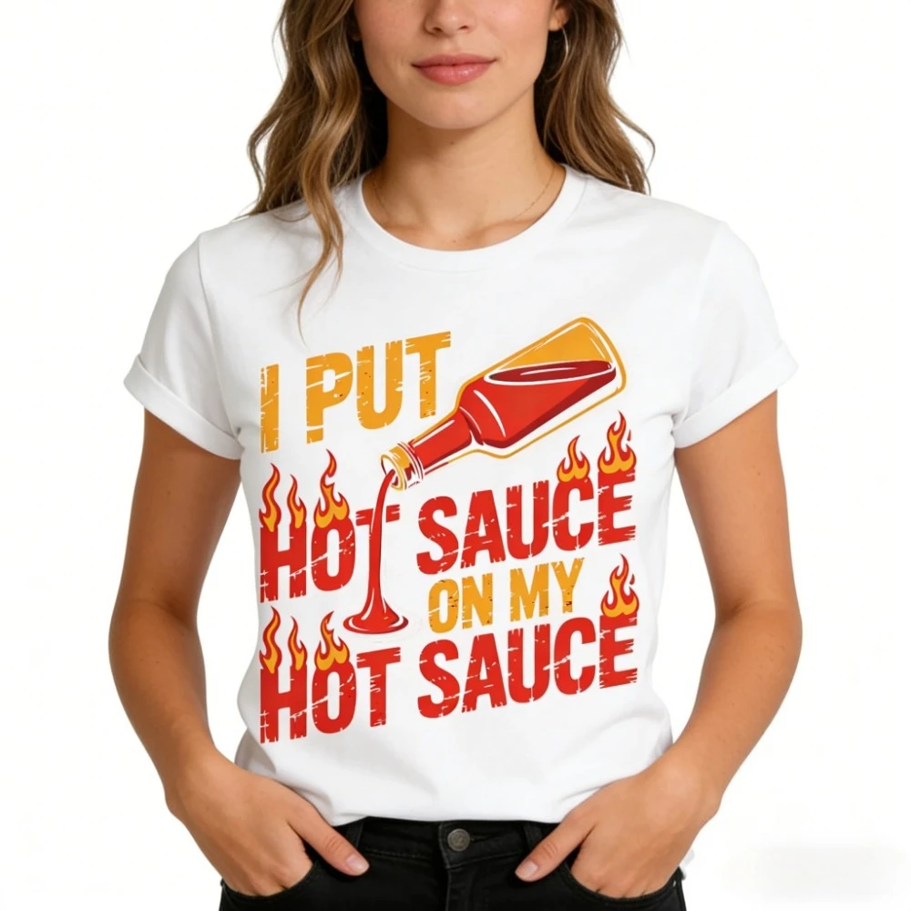 Camiseta divertida para amantes de la salsa picante con la frase 'I Put Hot Sauce on My Hot Sauce', Ropa creativa para mujer, Tops, Ropa informal para vacaciones, Camisetas