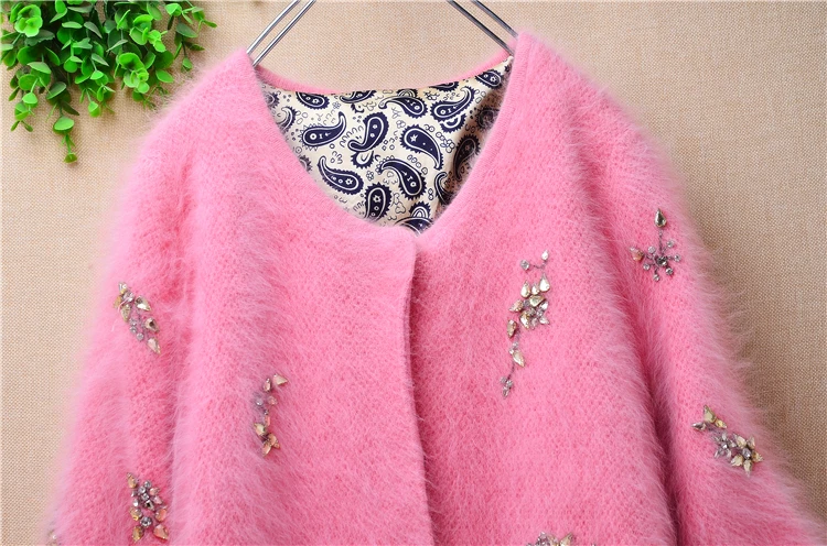 Female Women Fall Winter Sweet Pink Beading Hairy Mink Cashmere Knitted Fur Sleeves Slim Cardigan Angora Fur Jacket Sweater Pull