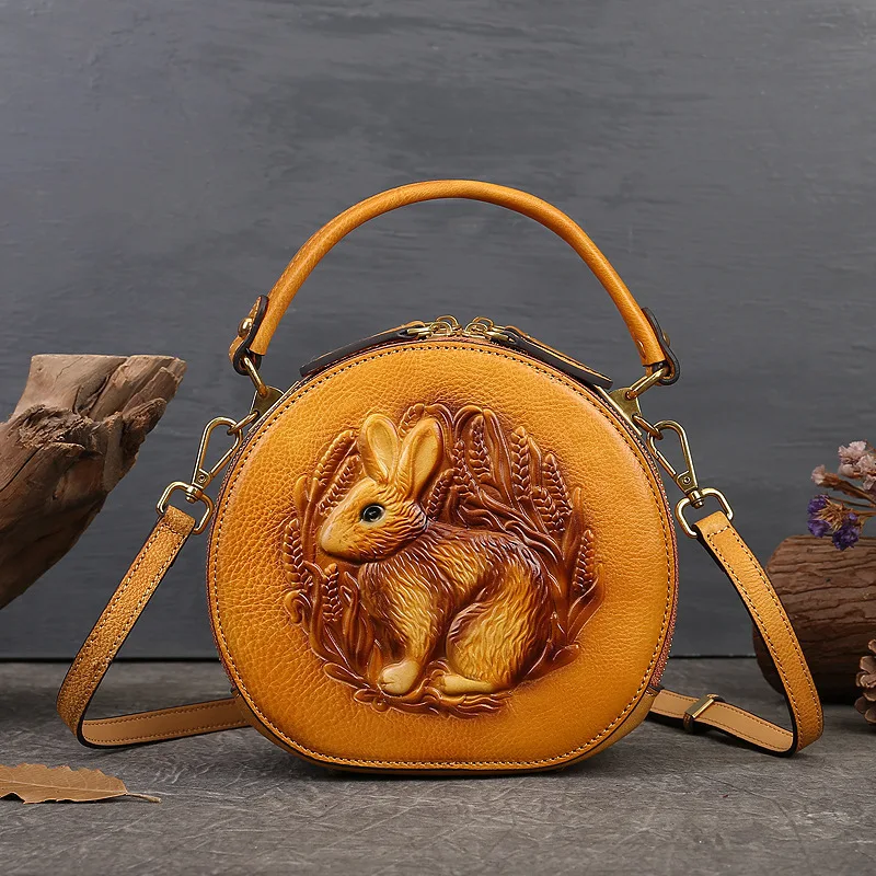 2024 New Retro Round Women's Genuine Leather Handbags For Ladies Luxury Designer Rabbit Embossed Shoulder Messenger Bags