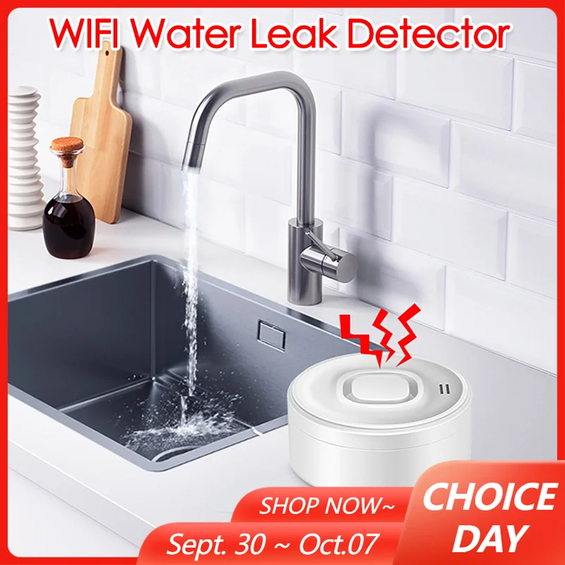 Smart WIFI Water Leak Detector 100dB High-Volume Alarm Remote Real-Time APP Alerts Wireless Stereo Sensor for With Alexa Google