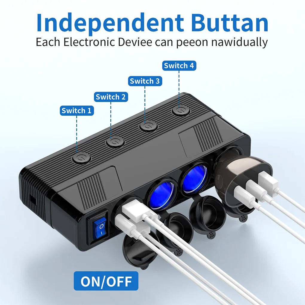 Car Power Socket Splitter 12V/24V Power Outlet For All Car Devices Indepen-dent Switches Digital
