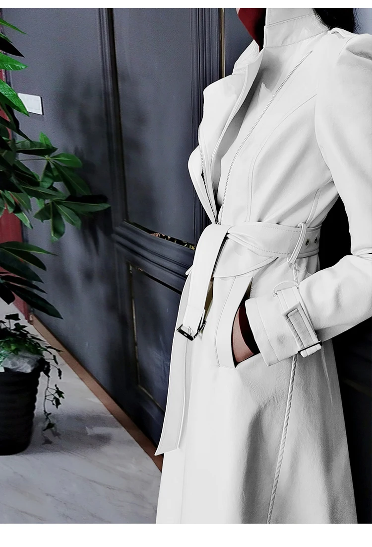 Mauroicardi Spring Autumn White Fitted Long Pu Leather Coat Women Zipper Belt Elegant Chic Luxury Designer Fake 2 Clothes 2024