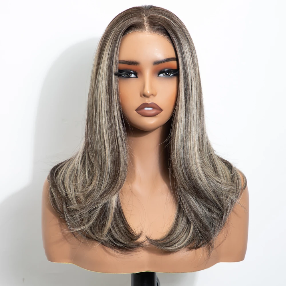 FREEDOM 13X3 Synthetische Lace-Front-Perücken für Damen, 16" Ombre-Braun mit Highlights, geschichtet, gewellt, vorgezupfter Haaransatz, Perücken für den täglichen Gebrauch – Detail 8