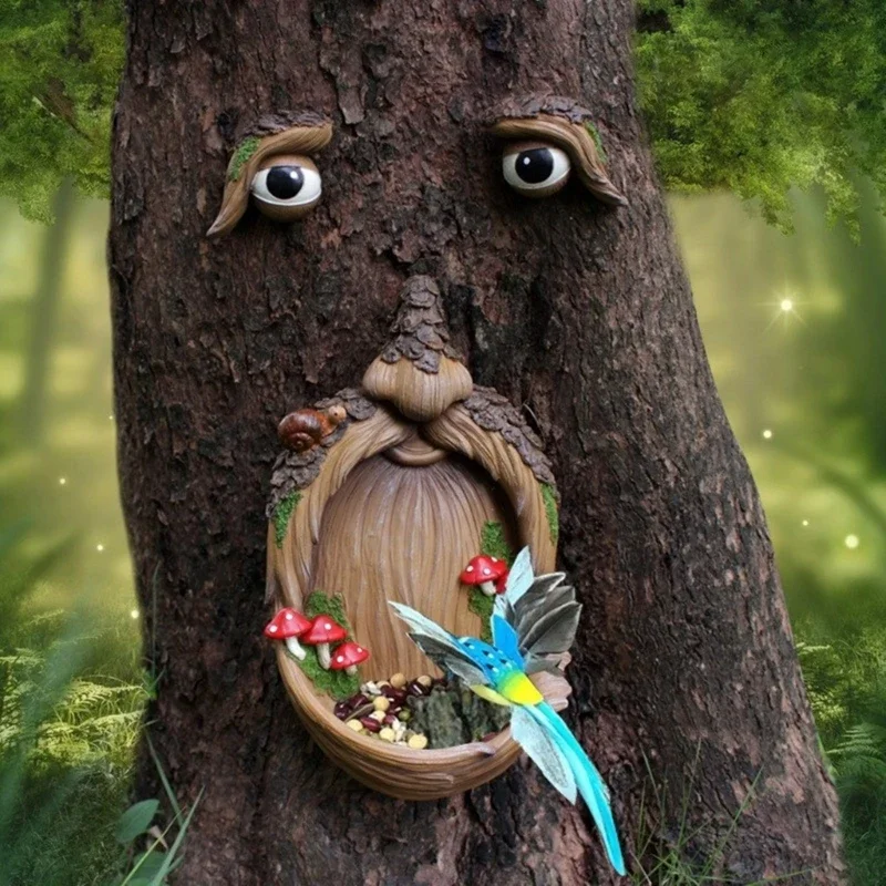 Captivating Tree Face Birdfeeder with Simulation Eyes Bird Feeder Intriguing Garden Sculpture for Wildlife Enthusiasts