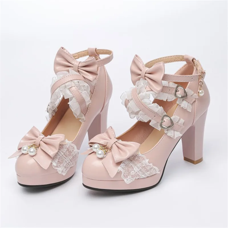 Princess Lolita Mary Jane Shoes Woman High Heels Pink White Bowtie Ladies Strap Fashion Heel Pumps Party Wedding Shoes Size32-43