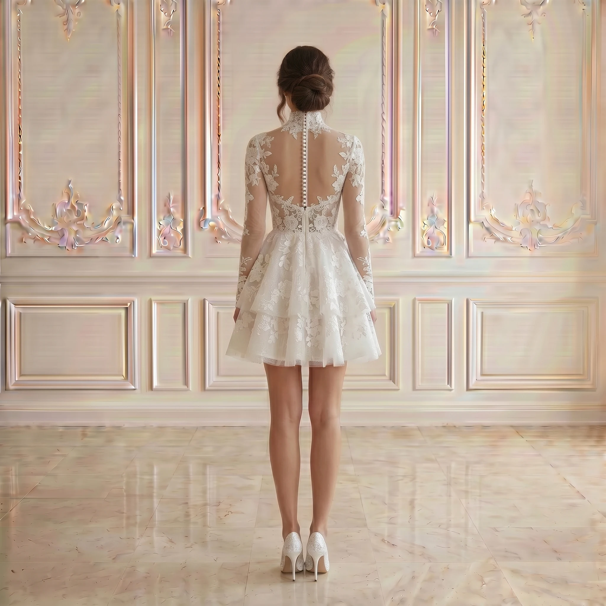 High Neck Long Sleeve Short Wedding Dress Sheer Floral Lace Tiered Mini Skirt Pearl Back Elopement Bridal Dress