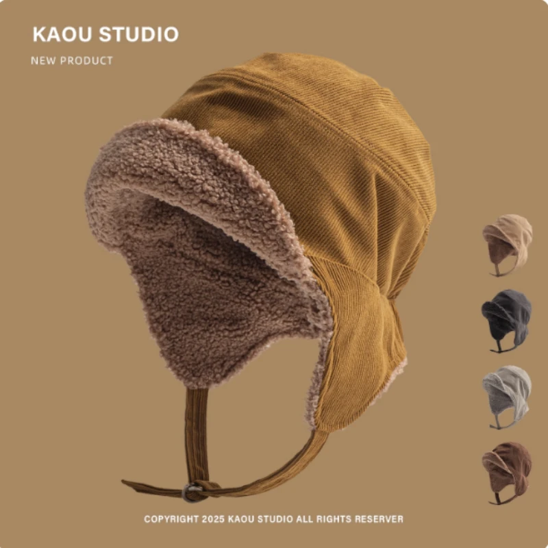 Японская однотонная вельветовая летающая шапка, зимняя мужская и женская уличная универсальная теплая защита ушей, велосипедные лыжные шапки-бомберы