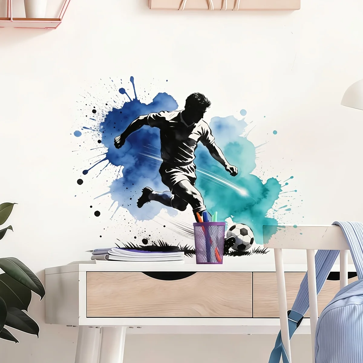 1Pc 2D Ink‑Splash Soccer Player Wall Decal Premium Double‑Sided Viewable PVC Removable No Residue Home Decor
