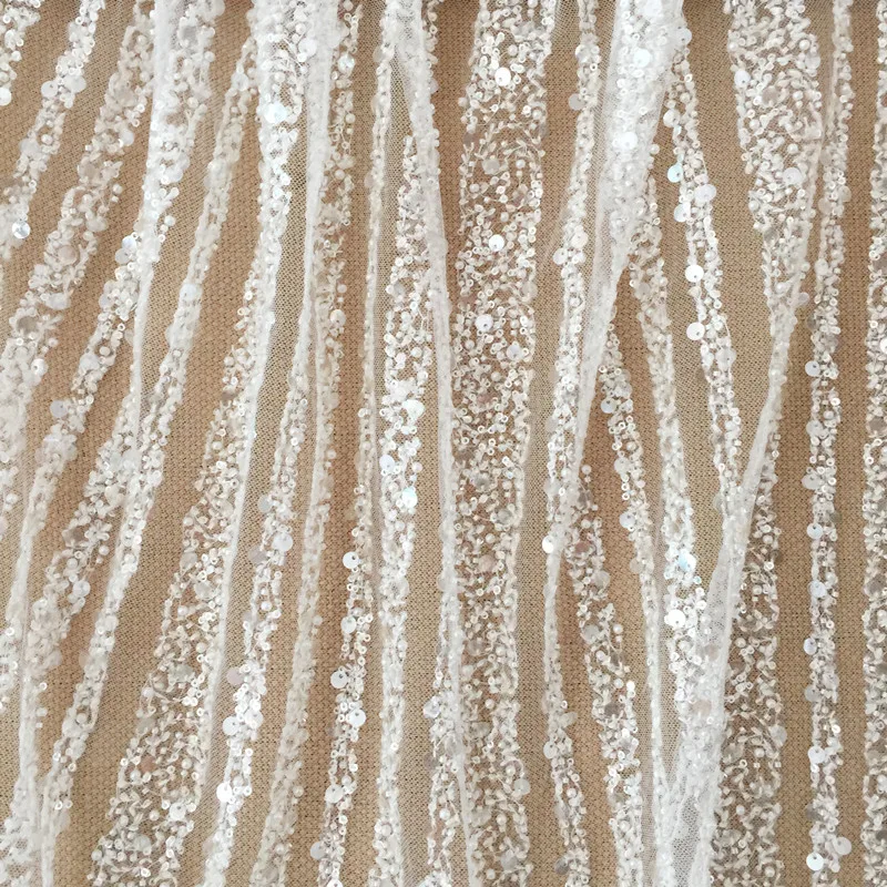 Bridal Lace Fabric Stripes, Luxury Beaded Sequin Wedding Dress, Advanced Custom-made Sewing Fabric, RS4086