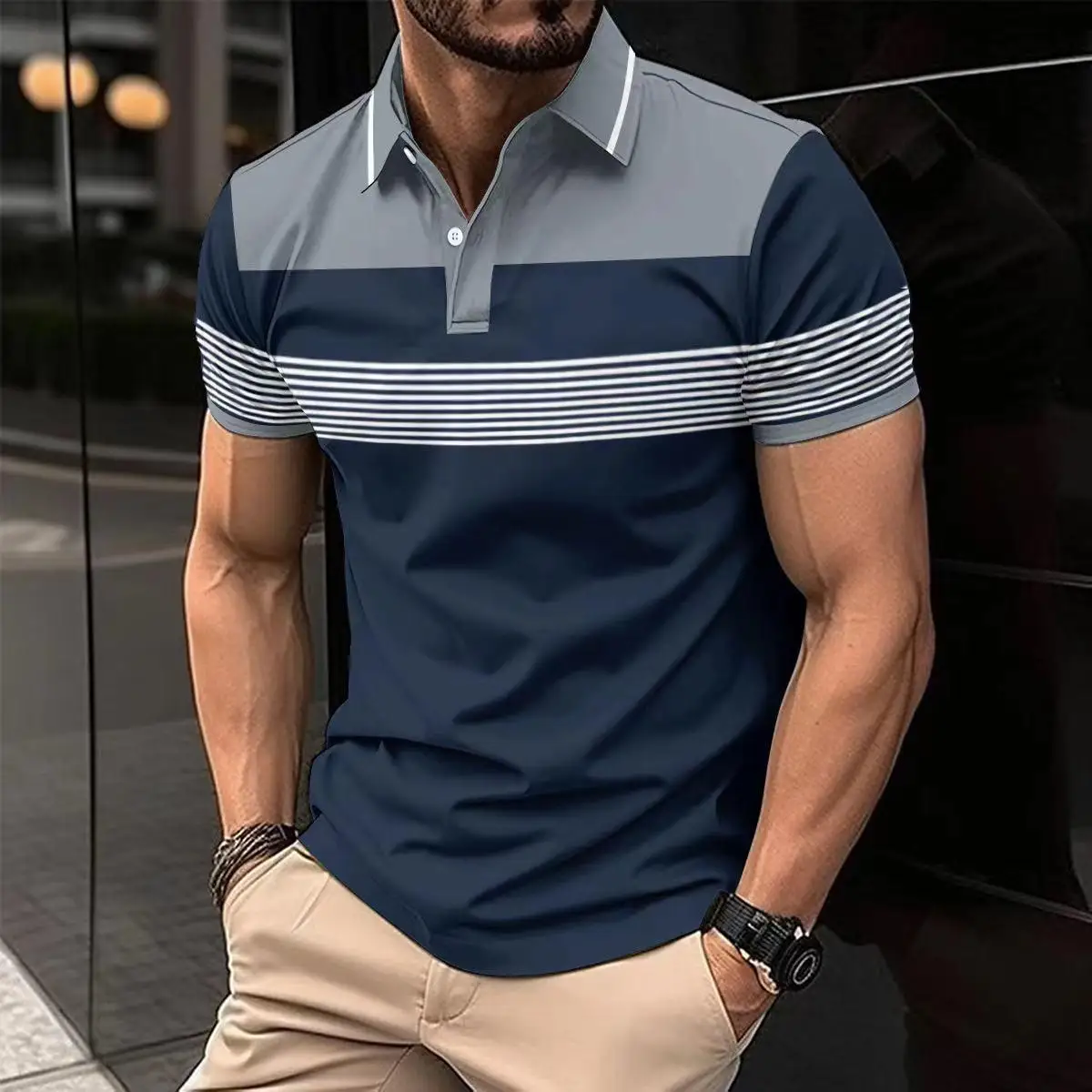 

2024 New Men's Casual irt V-Ne Buttoned Busin Stripe Versatile T-irt Top Thiened ort Sve Autumn Wear