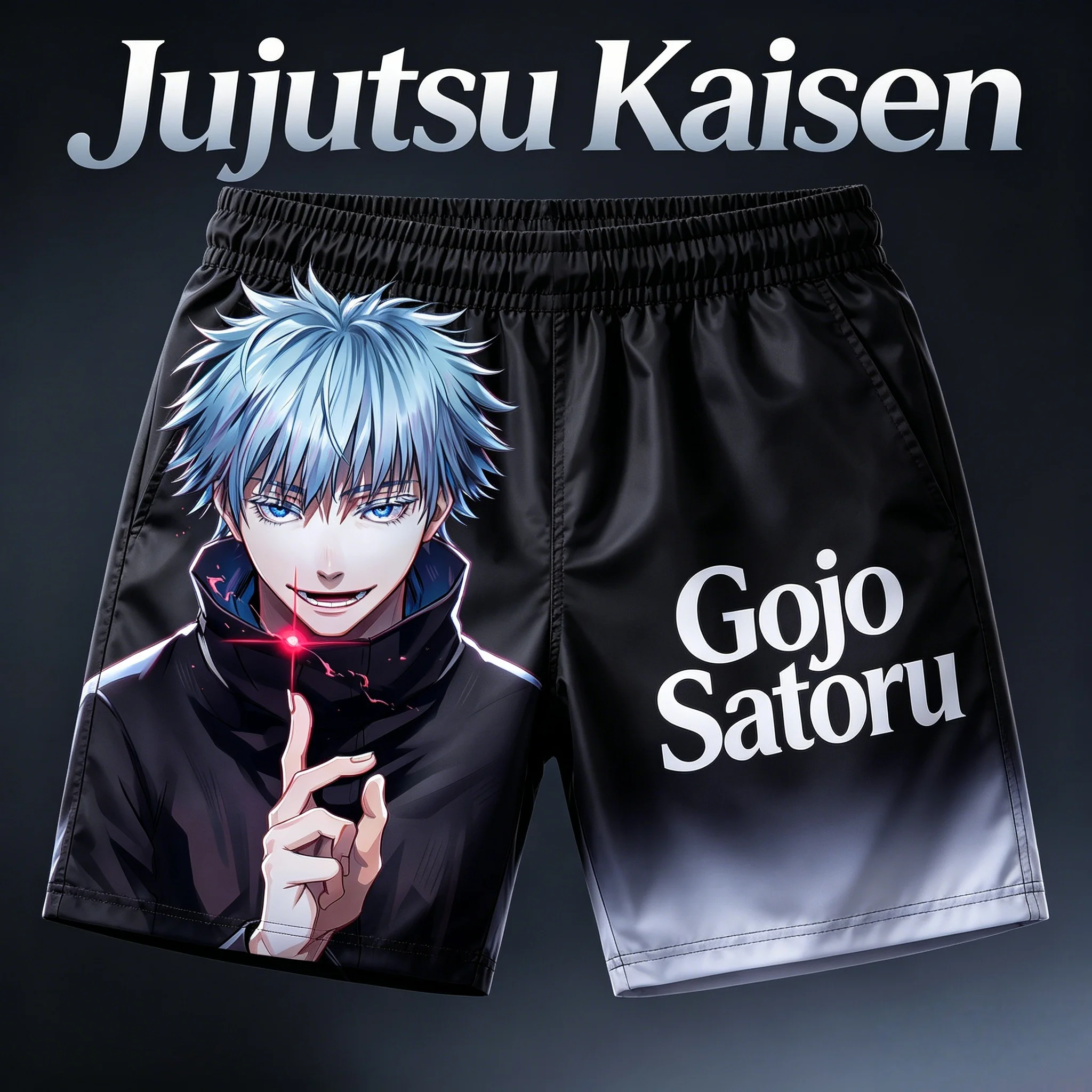 2026 Summer Jujutsu Kaisen Gojo Satoru Full Print Quick Dry Sports Shorts, Black Gradient Anime Character Graphic Shorts