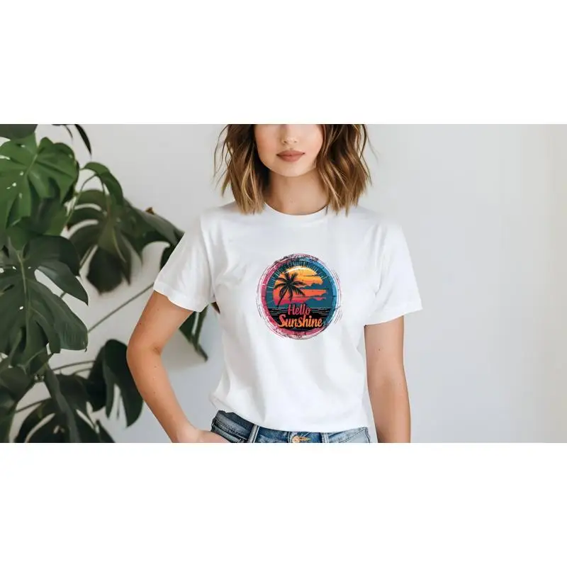 

Hello Sunshine Retro Palm Tree T Shirt Soft Style Cotton