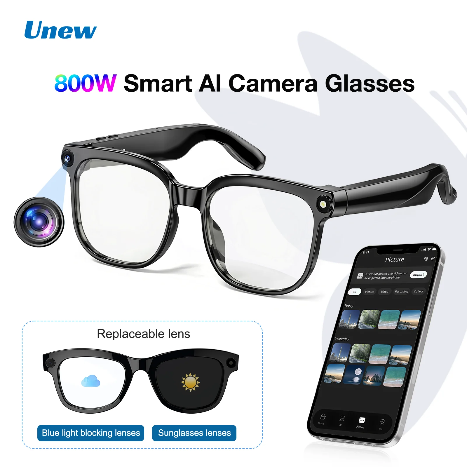 800W KI-Kamera Smart-Brille Echtzeit-Übersetzung Chat 1080P Videoaufnahme IP65 Wasserdicht 41g Ultraleicht