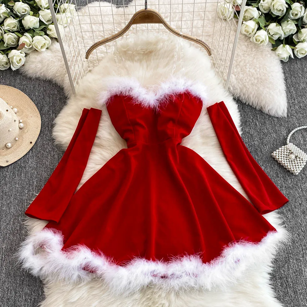 

Women Elegant Dress For New Year 2024 Strapless Backless Furry Sexy Short Mini Christmas Dress Navidad Red Party Dress Femme